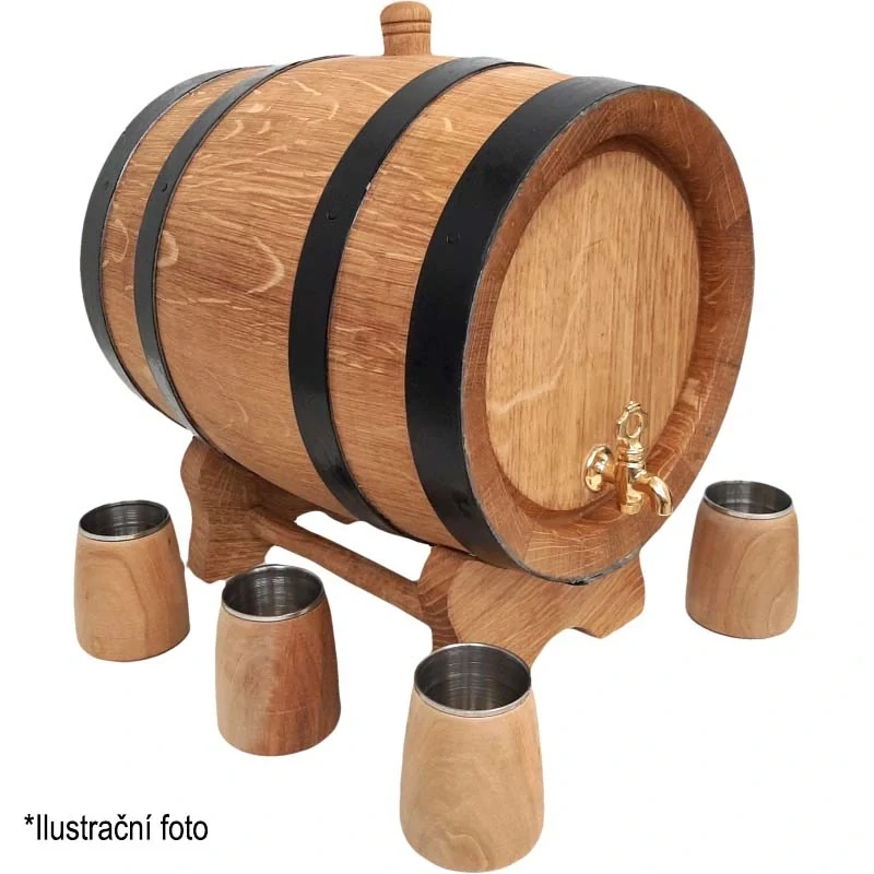 Dubový sud 10 L "Extra Masiv" + 6 dubových pohárů s nerezovým vnitřkem, podstavec a mosazný kohoutek