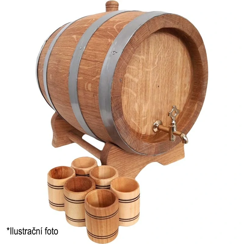 Dubový sud 15 L "Extra Masiv"  + 6 dubových pohárů, podstavec a mosazný kohoutek