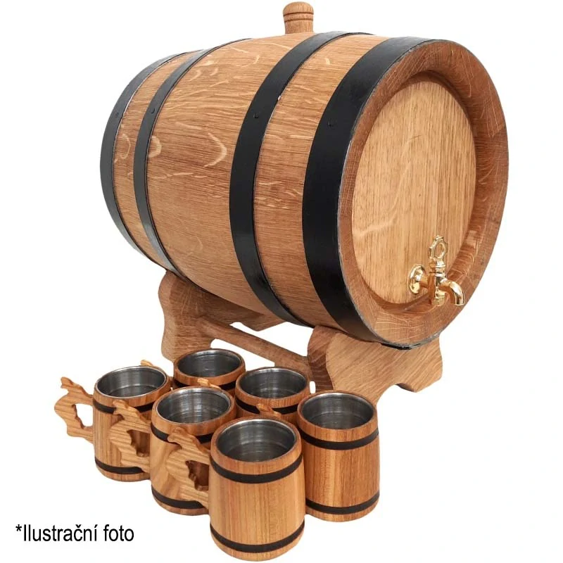 Dubový sud 15 L "Extra Masiv"  + 6 dubových pohárů s uchem, podstavec a mosazný kohoutek