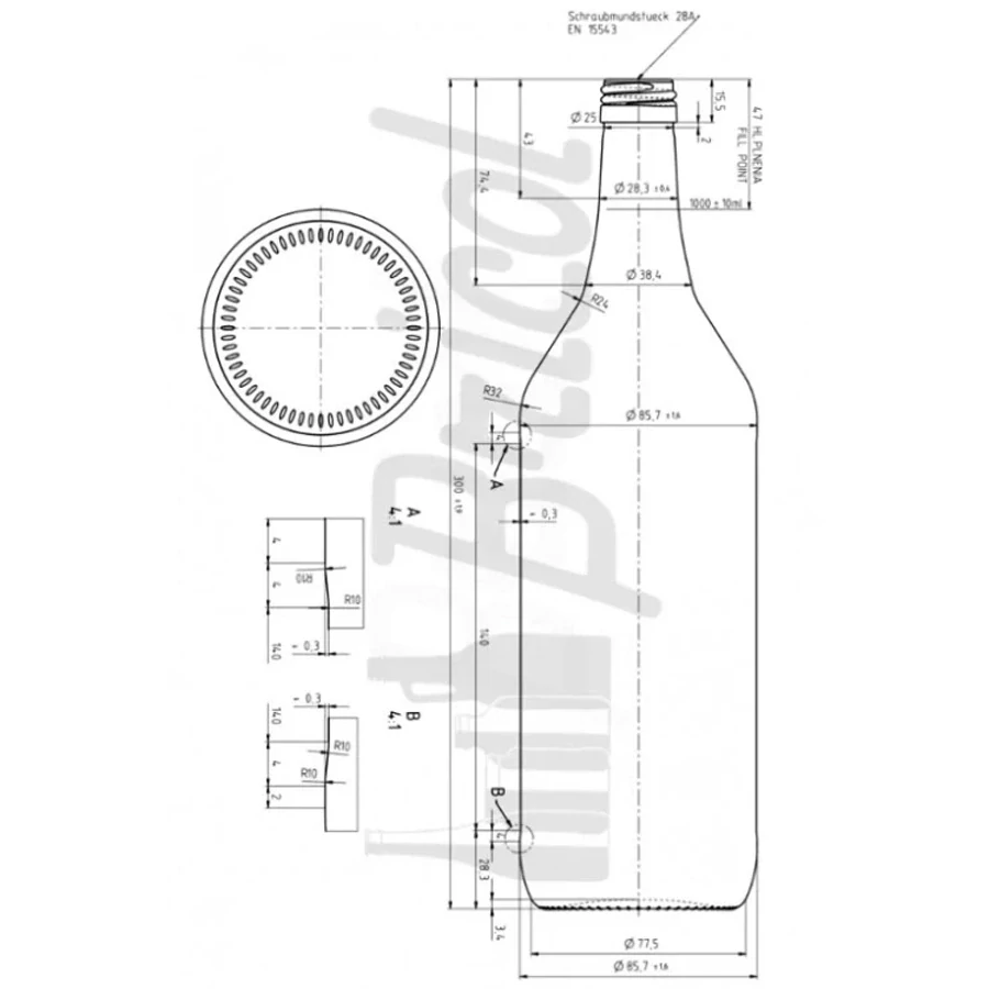 Skleněná láhev 1 l na lihoviny a domácí likéry bez uzávěru