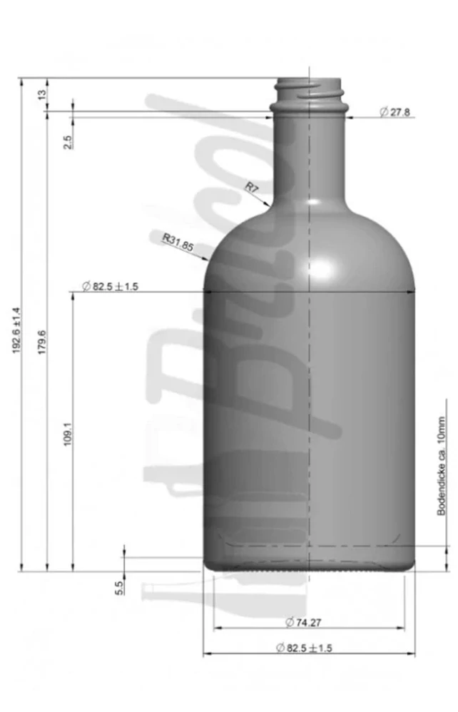 Skleněná láhev 0,5 l na lihoviny nebo medovinu bez uzávěru