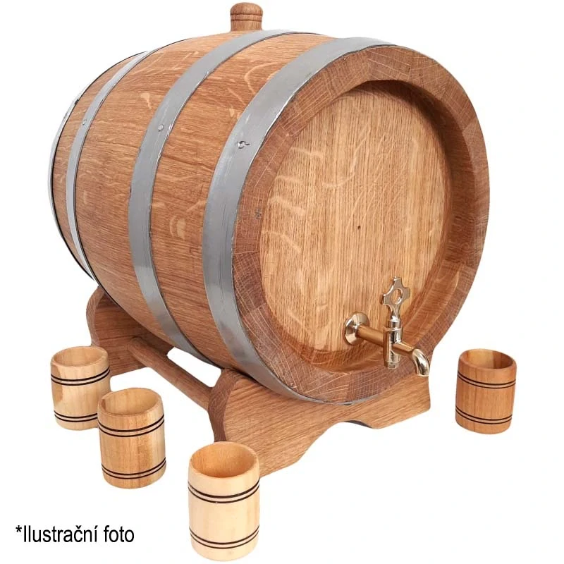 Dubový sud 15 L "Extra Masiv"  + 6 dubových pohárů, podstavec a mosazný kohoutek