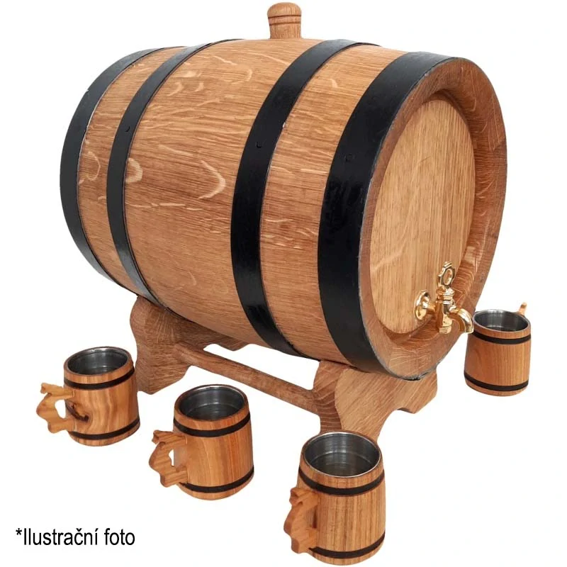 Dubový sud 15 L "Extra Masiv"  + 6 dubových pohárů s uchem, podstavec a mosazný kohoutek