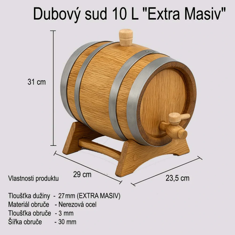 Dubový sud 10 L "Extra Masiv"   + 6 dubových pohárů s uchem (nerezový vnitřek), podstavec a mosazný kohoutek