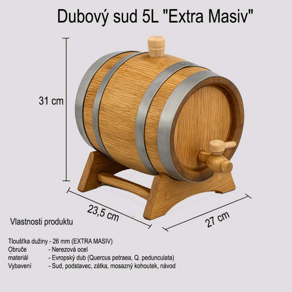 Dubový sud 5L "Extra Masiv" Tmavý (žíhaný ohněm), kohoutek mosazný/dřevěný 